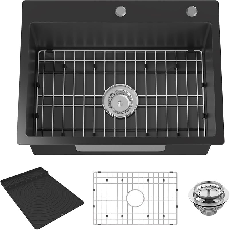 Black 24x18 Inch Stainless Steel Drop-In Topmount Kitchen Sink with Bo