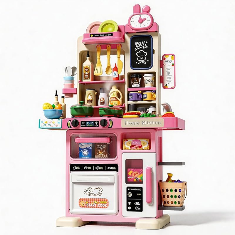 70-Piece Kids Kitchen Playset with Sound & Light, Steam Stove & Sink f