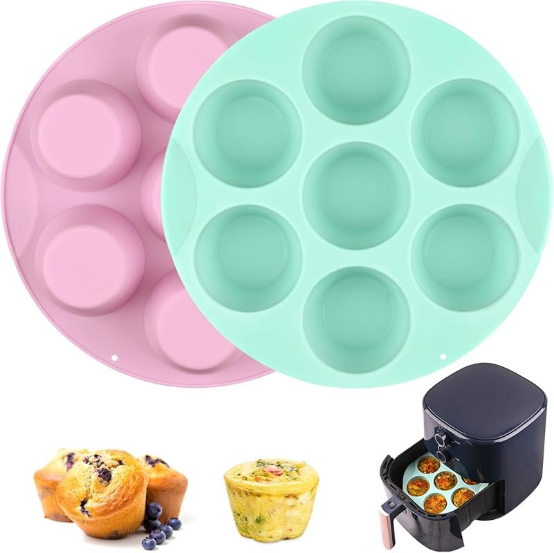 Sakolla 7-Cup Pink & Green Nonstick Silicone Air Fryer Muffin Pan for 