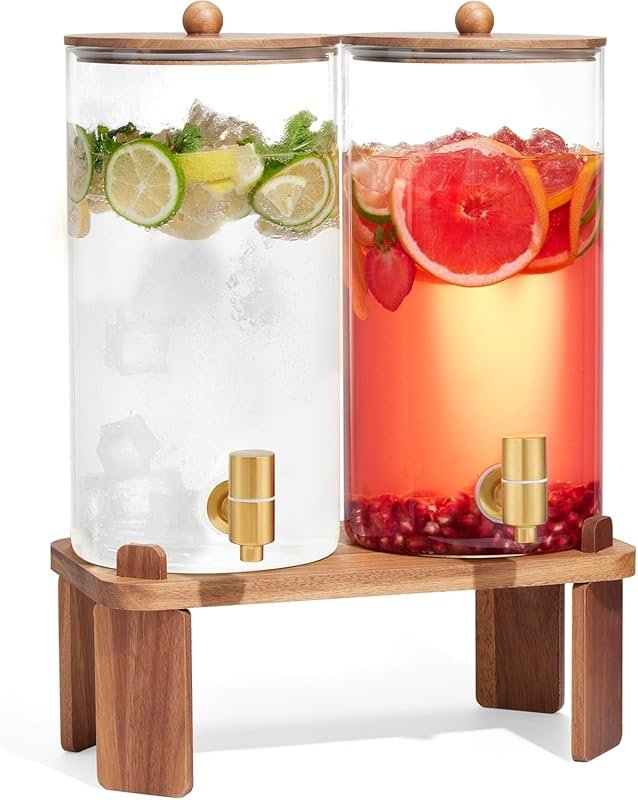 2 PCS Glass Beverage Dispenser with Wood Stand & Stainless Spigot for 