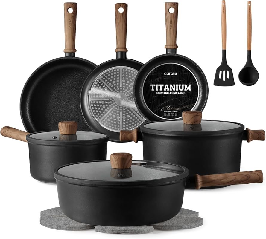 CAROTE 16pcs Titanium Nonstick Cookware Set, Induction Compatible, PFO