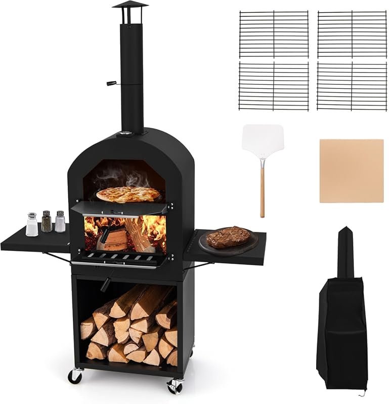 Happygrill Outdoor Wood Fired Pizza Oven – Firewood Storage, Side Shel