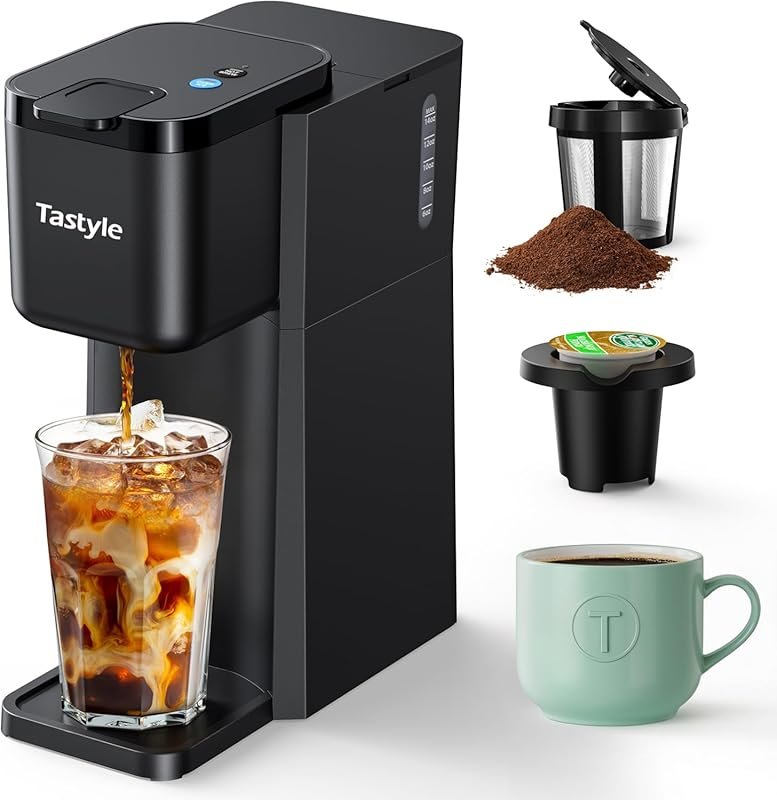 Tastyle Mini Hot & Iced Coffee Maker, K-Cup & Grounds, 6–14oz Sizes, R