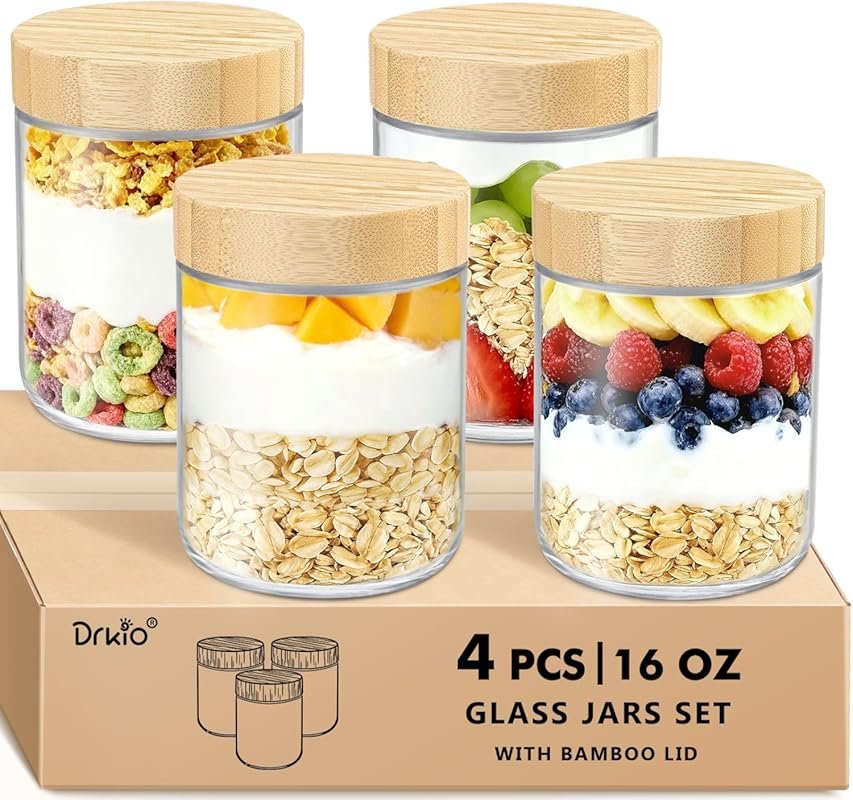 DRKIO 4 Pack 16 Oz Glass Overnight Oats Containers with Bamboo Lids, W