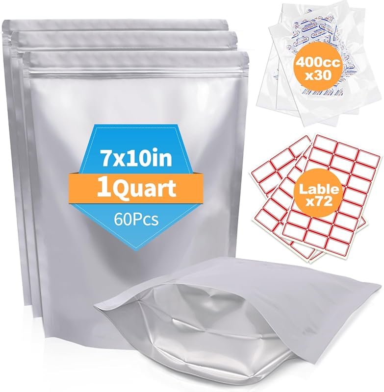 60PCS 1 Quart Mylar Bags with Oxygen Absorbers – 10 Mil, Resealable & 