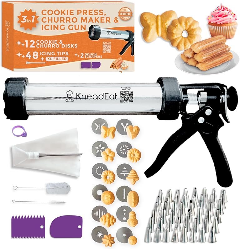 KneadEat 68-Piece Churro & Cookie Spritz Gun Kit with 12 Discs, 48 Ici