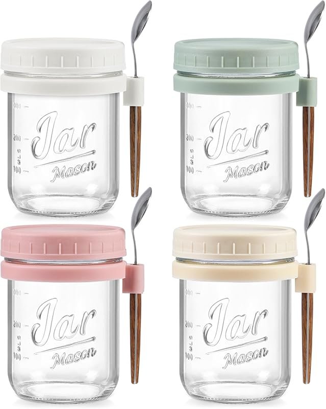 4 Pack Overnight Oats Containers with Lids and Spoons, 16 oz Glass Mas