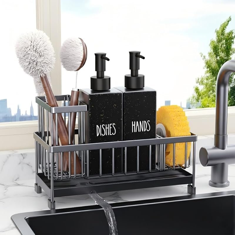Cisily 12 Oz Glass Soap Dispenser Set with Sink Caddy, Sponge Holder &