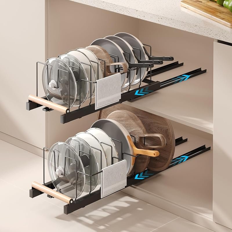 Adhesive-backed expandable pot and pan rack with handle bracket, 10 ad