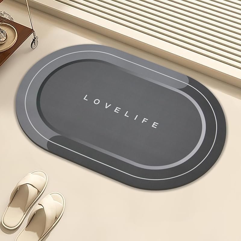 Quick-Drying Non-Slip Rubber Bath Mat, Oval Dark Grey 16.9x26.7in