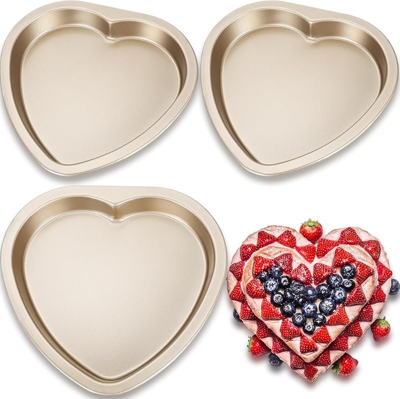 Maxcheck 3 Pieces 8 Inch Gold Heart Cake Pans, Carbon Steel Baking Mol