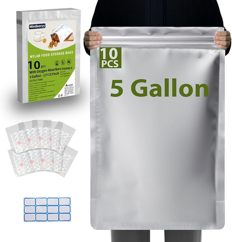 10-Pack 5 Gallon Mylar Bags, 10 Mil Thick, 2500cc Oxygen Absorbers, Zi