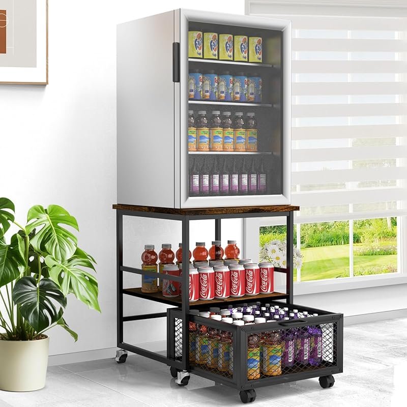 19.7in Mobile Mini Fridge Stand with 3 Storage Drawers, Rolling Bevera