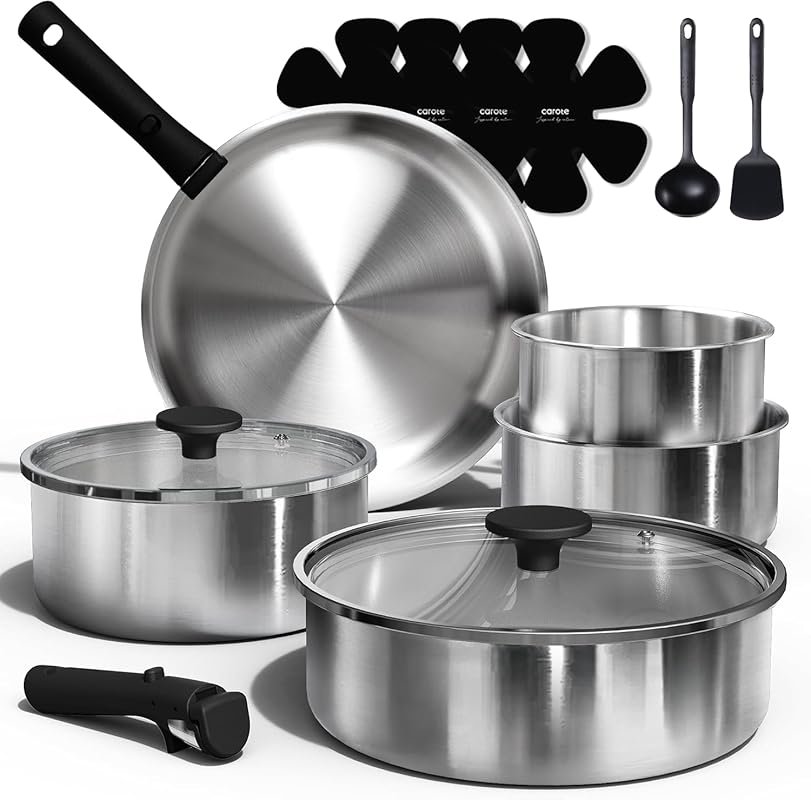 CAROTE 15-Piece Stainless Steel Cookware Set with Detachable Handle, I