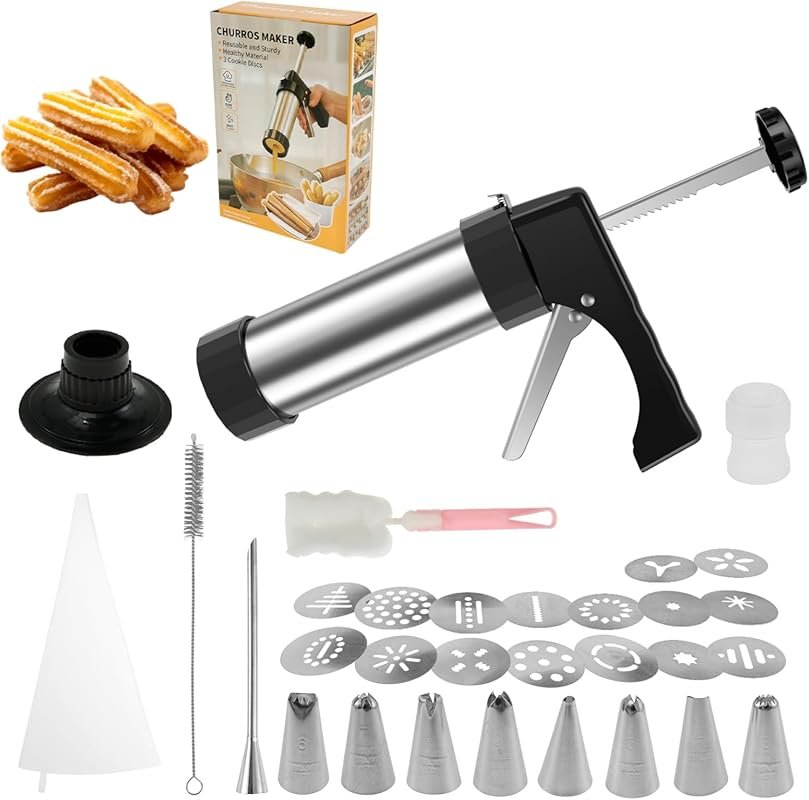 3-in-1 Stainless Steel Churro Gun with 16 Discs, 8 Tips, Piping Bag & 
