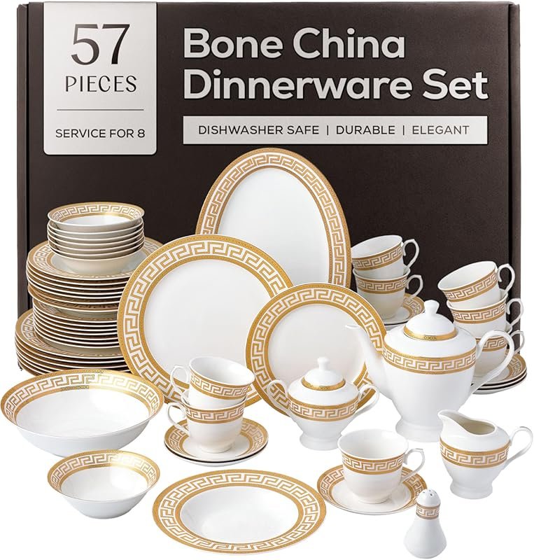 Joseph Sedgh 57-Piece Bone China Dinnerware Set for 8, White & Golden 