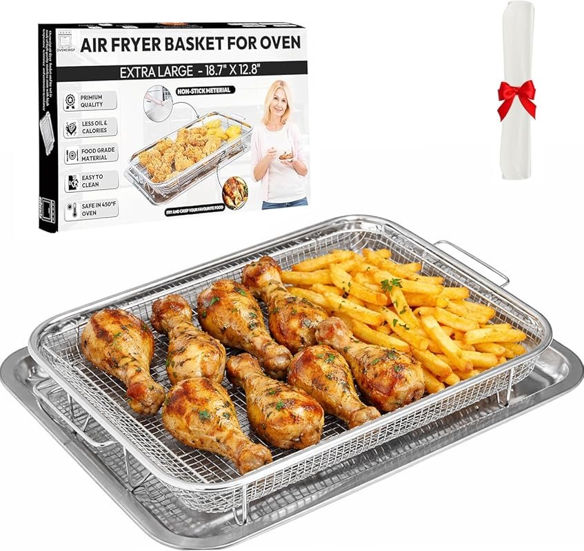 Extra Large 18.7"x12.8" Oven Air Fryer Basket & Tray Set with 30 Parch