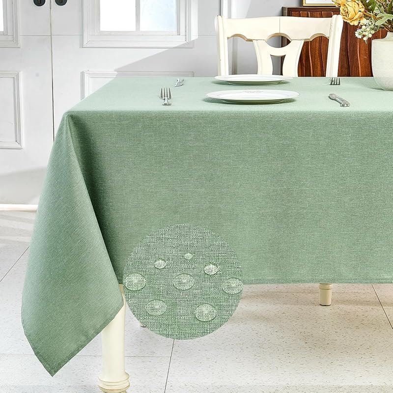 IVAPUPU Sage Green Textured Linen Tablecloth Waterproof Wipeable Recta