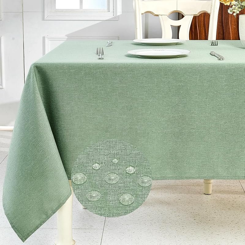 IVAPUPU Sage Green Textured Linen Tablecloth Waterproof Wipeable Recta
