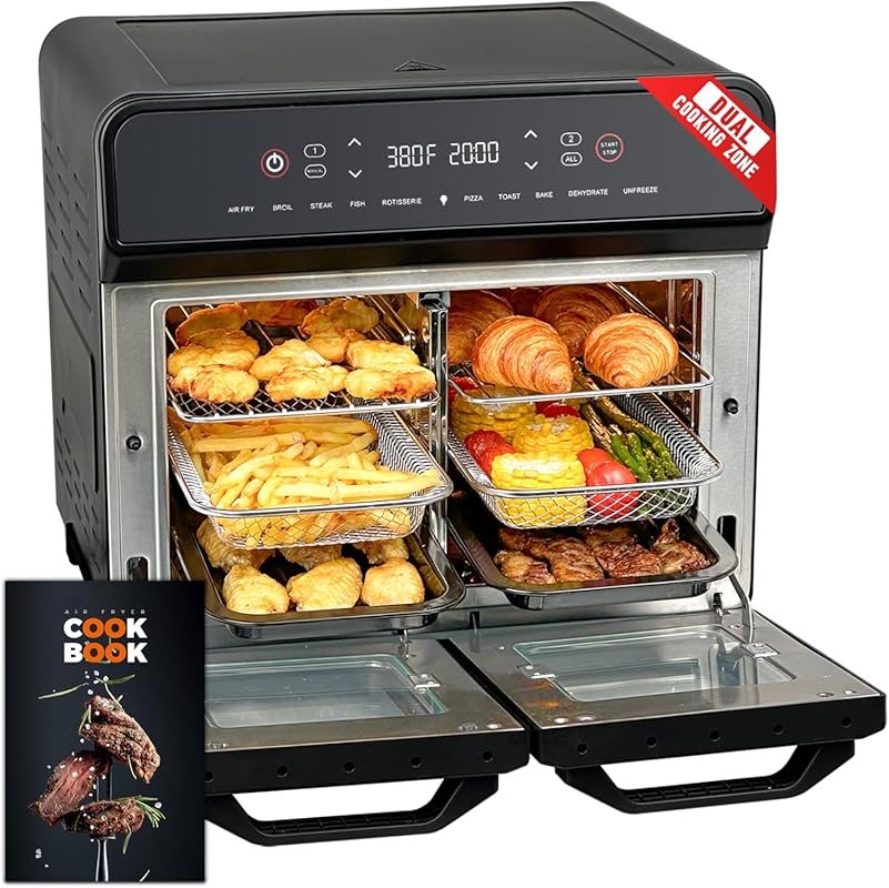 24Qt Dual Zone Air Fryer Oven with Rotisserie 10-in-1 1800W 360° Even 