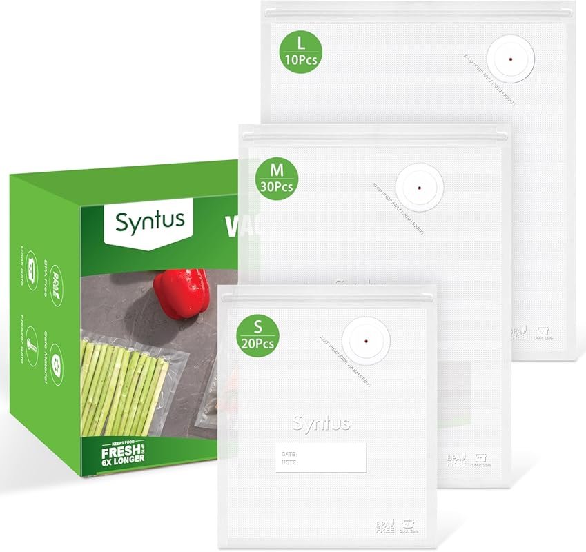 Syntus Vacuum Sealer Bags with Air Valve – 60 Pcs (S+M+L)