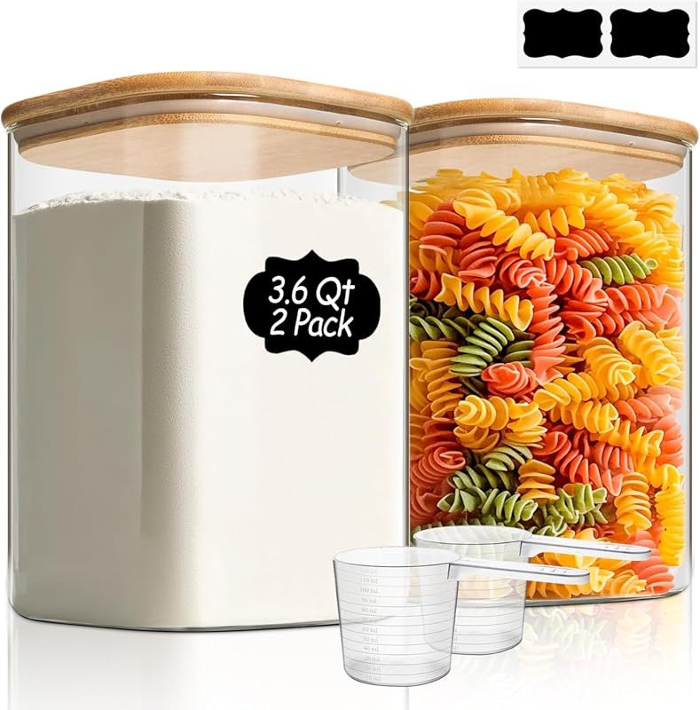 ComSaf 2-Pack Large Square Glass Storage Containers with Lids, 3.6 Qt 