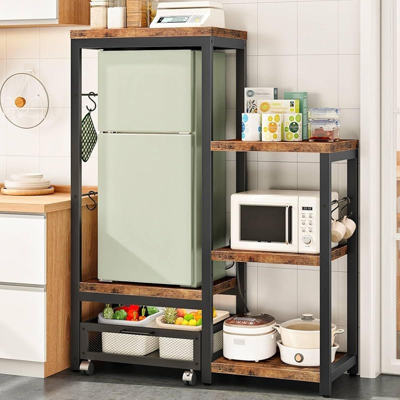 HOOBRO Bakers Rack with Mini Fridge Stand, Microwave Stand with Movabl