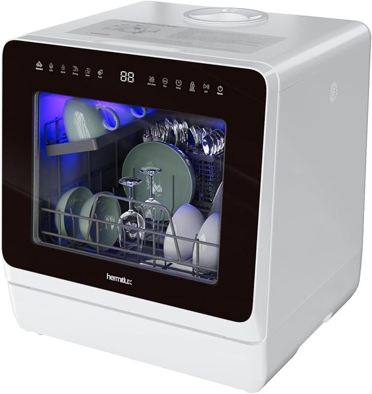 Hermitlux Portable Mini Dishwasher with 7 Programs, 5L Tank, Glass Doo
