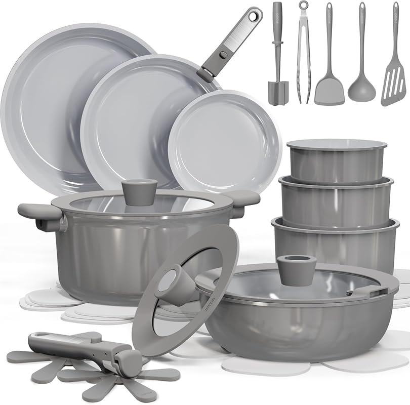 CAROTE 27pcs Ceramic Nonstick Cookware Set with Detachable Handles – R