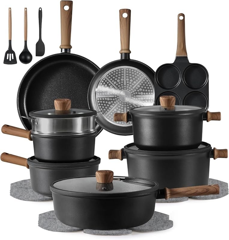 CAROTE 24-Piece Black Titanium Nonstick Induction Cookware Set, Oven S