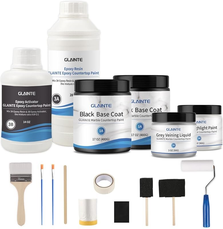 GLAINTE Black Marble Countertop Paint Kit - Epoxy Refinish for Kitchen