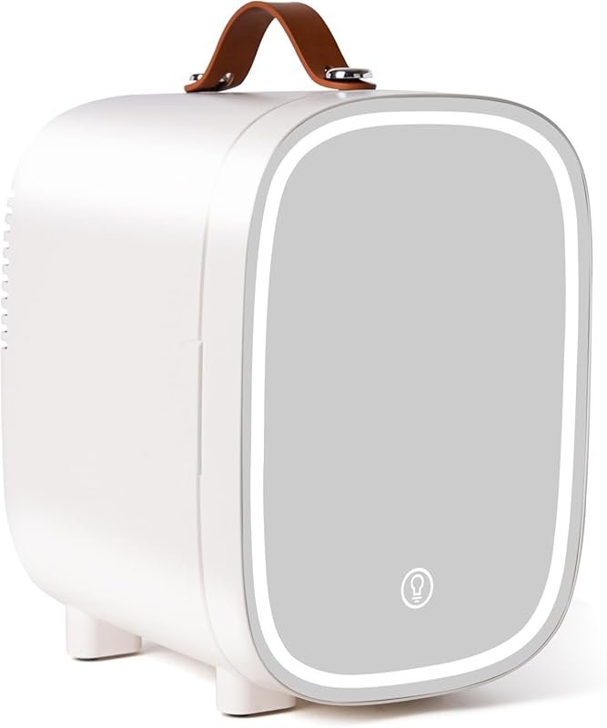 Mini Fridge for Bedroom, 4 Liter/6 Can with LED Mirror & Handle, Porta