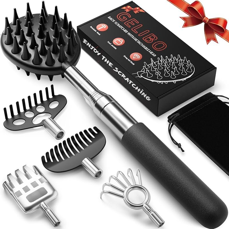Telescoping Back Scratcher with 5 Heads and Rubber Handles, Gifts for 