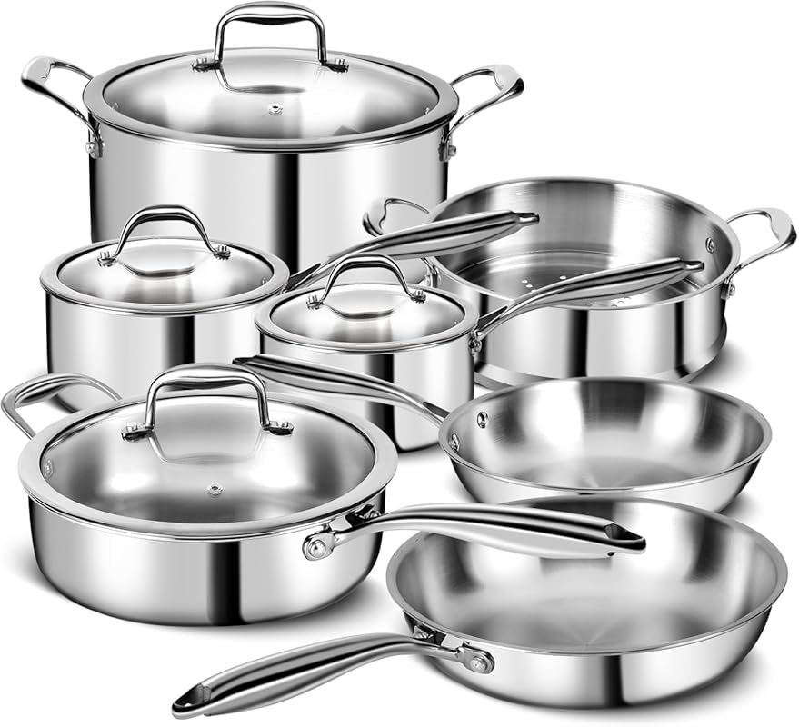 11-Piece 3 Ply Stainless Steel Cookware Set with Lids, Non-Toxic, Indu
