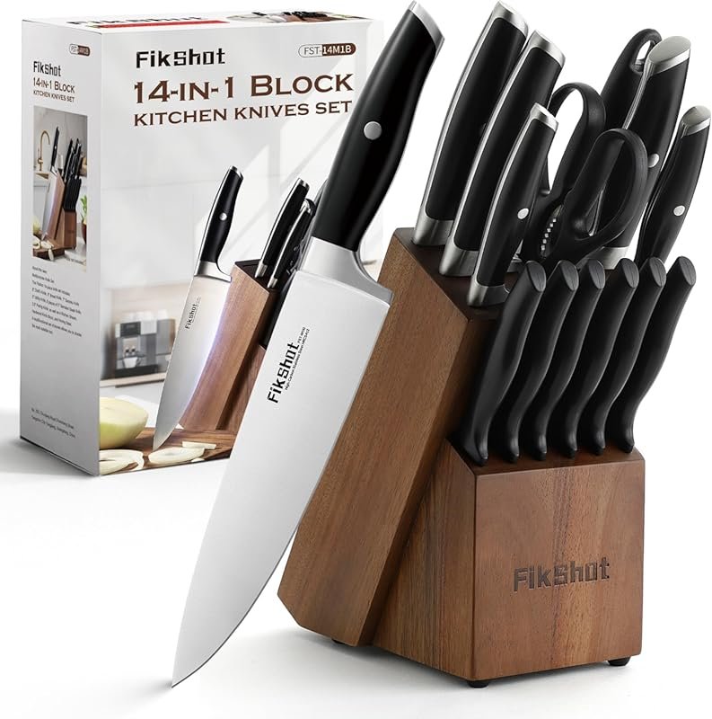 Fikshot 14-Piece German Stainless Steel Knife Set with Block and Sharp
