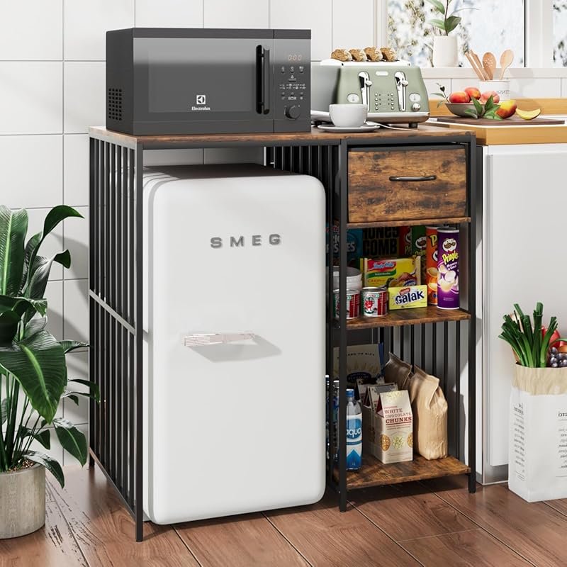 VOWNER Mini Fridge Cabinet with Power Outlet, 3-Tier Industrial Microw