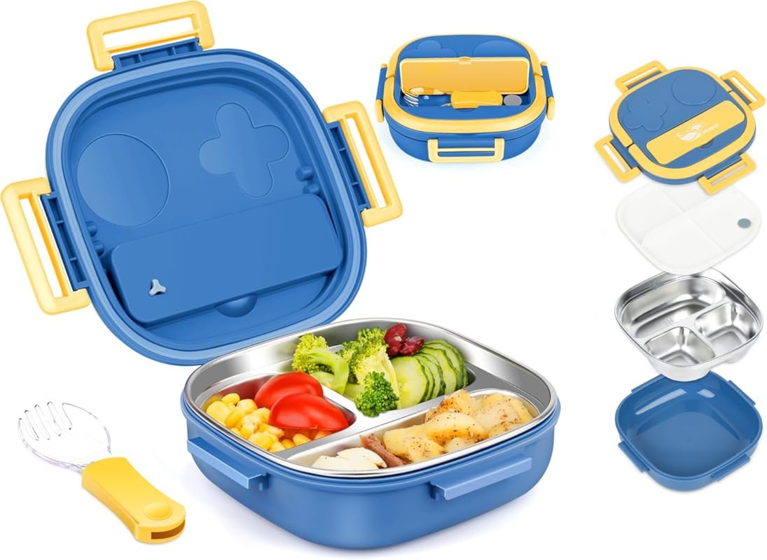 Tiny Mini Bento Box with 3 Stainless Steel Compartments, Cutlery for B