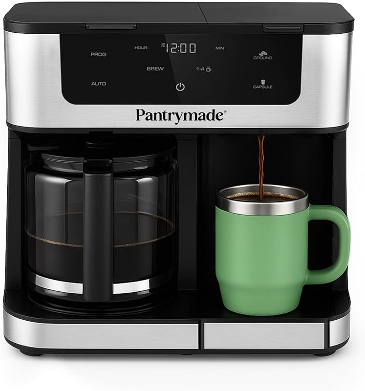 Pantrymade Dual Brew Coffee Maker, 12 Cup Carafe & Single Serve, Progr