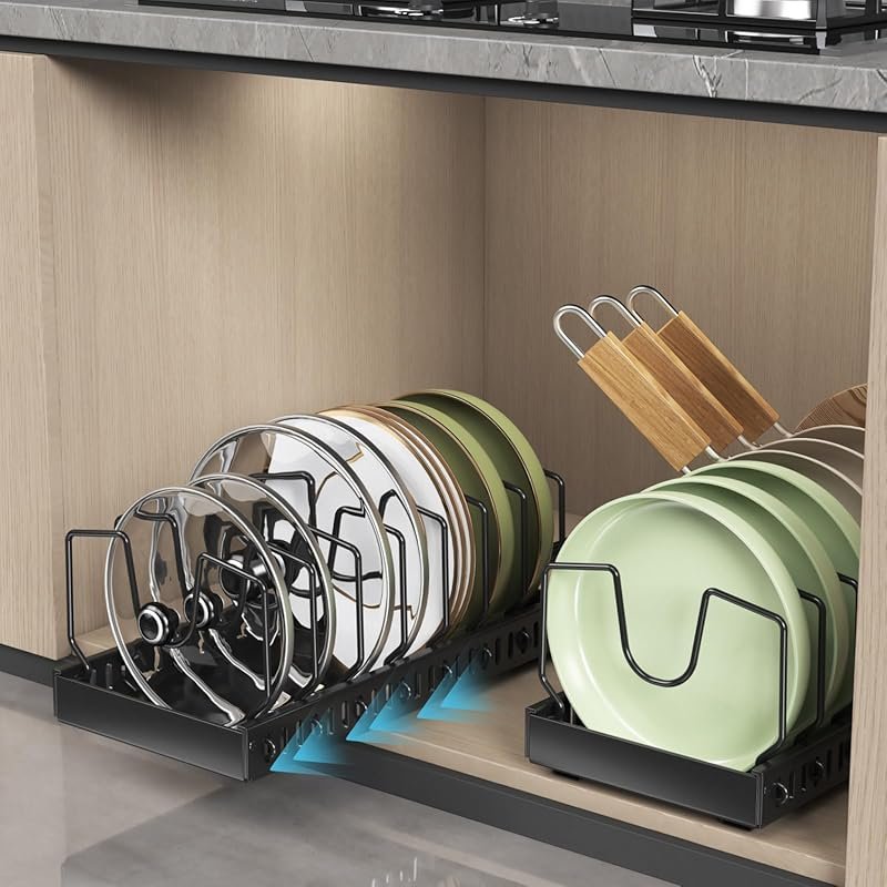 Sliding pot lid organizer with 16 adjustable dividers for cabinets, co