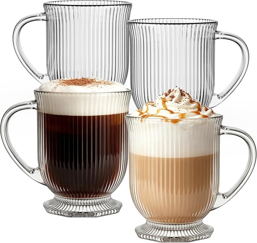 KEMORELA 16oz Premium Glass Coffee Mugs with Handle, Vertical Stripes 