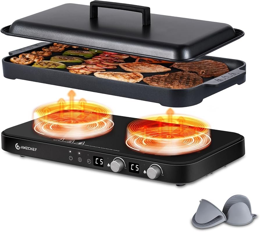 AMZCHEF Double Induction Cooktop with Non-Stick Removable Griddle, 180