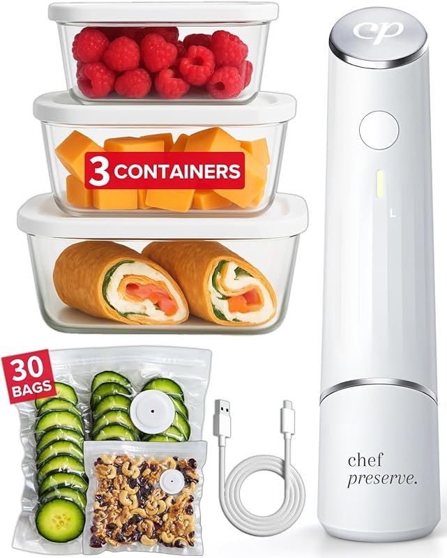 Chef Preserve Handheld Vacuum Sealer with 3 Containers & 30 Bags, Port