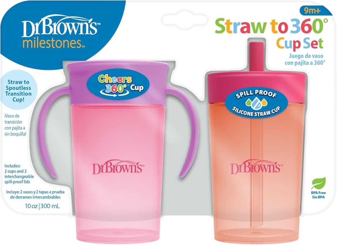 Dr. Brown's Milestones Convertible Straw to 360 Training Cup Set, Pink