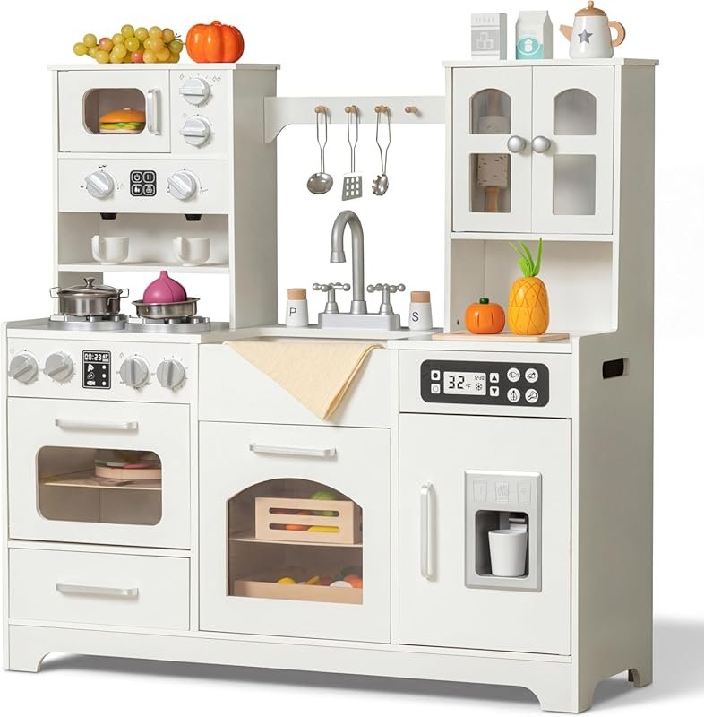Interactive Wooden Play Kitchen with Lights, Sounds & Ice Maker for Ki