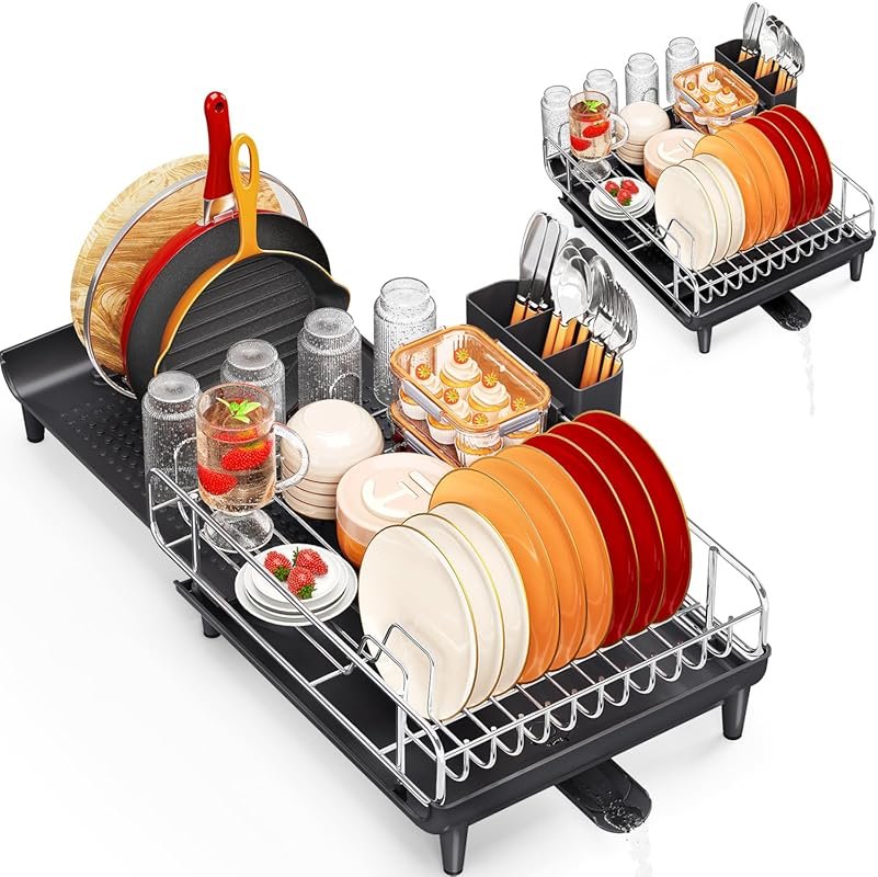 Foldable stainless steel expandable dish drying rack with cutlery hold