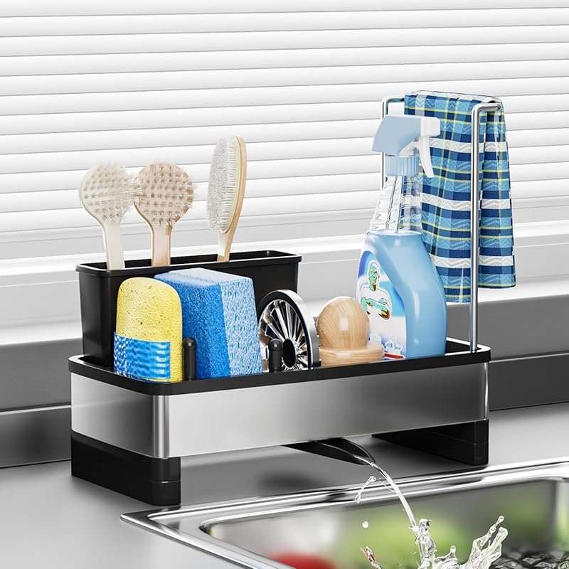Ewaiira Black Stainless Steel Sink Caddy with Brush Holder, Rustproof 