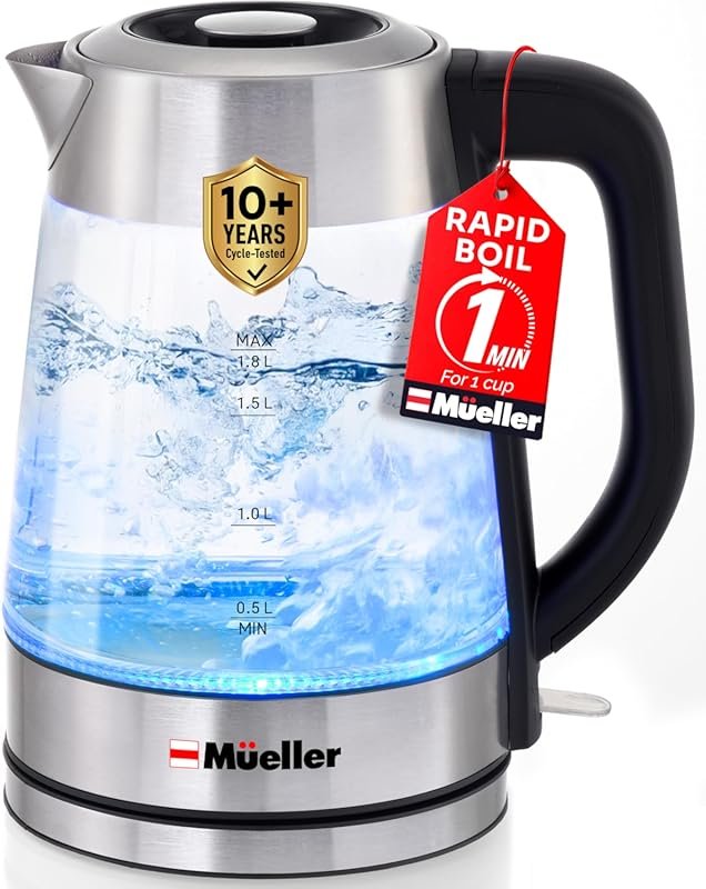 Mueller Rapid Boil Electric Kettle, 1.8L Borosilicate Glass, LED Light