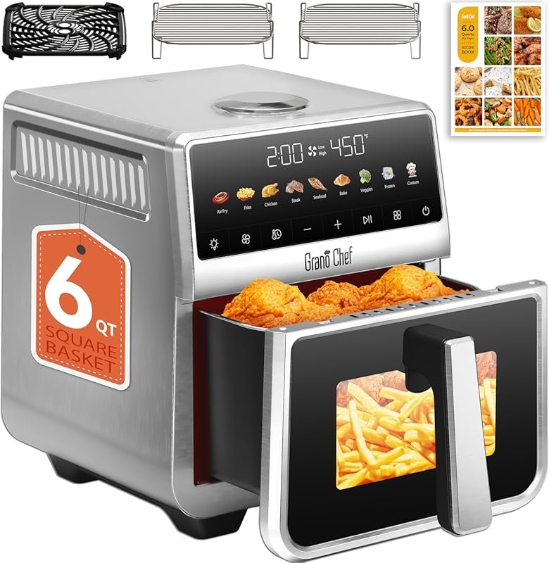 6 Qt All Metal Air Fryer with Stainless Steel Housing, Full Metal Inne