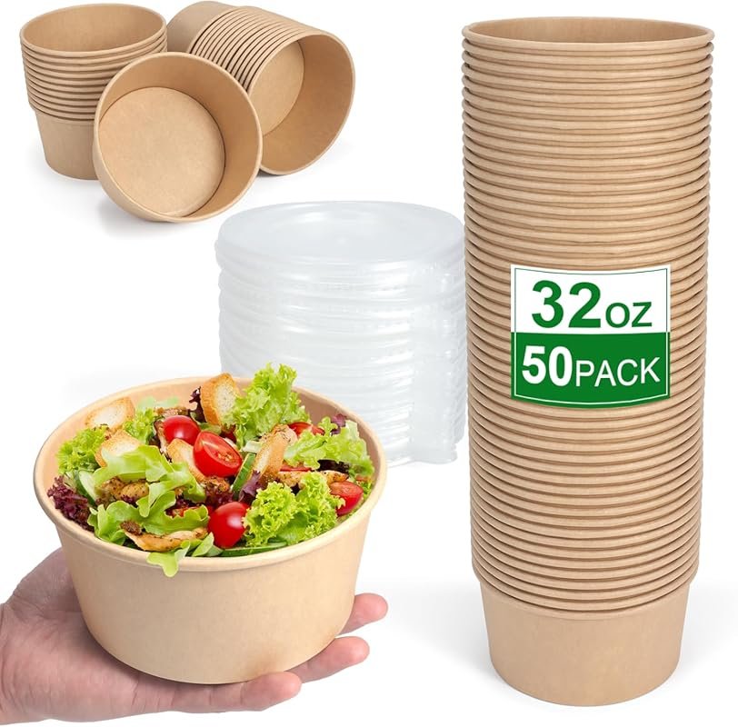 50 Pcs 32 Oz Disposable Paper Bowls with Lids – Microwavable, Soak-Pro