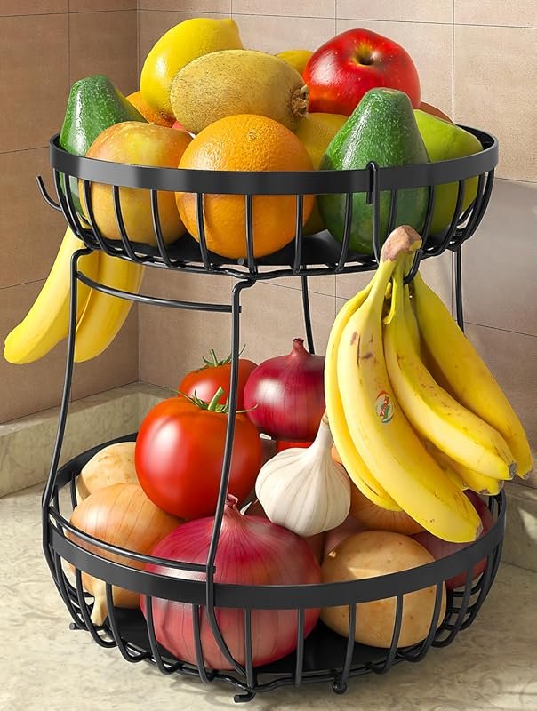 Sevenblue 2-Tier Stackable Metal Fruit Basket with Banana Hangers – Bl